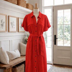 Papillion Ladies Red Button Front Dress with Collar and Tie Belt Size Large